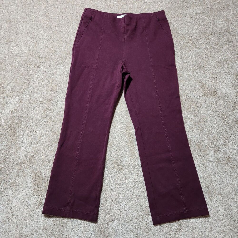 LOFT Pants Women L Burgundy High Rise Ponte Pintuck Straight Leg Pulled On